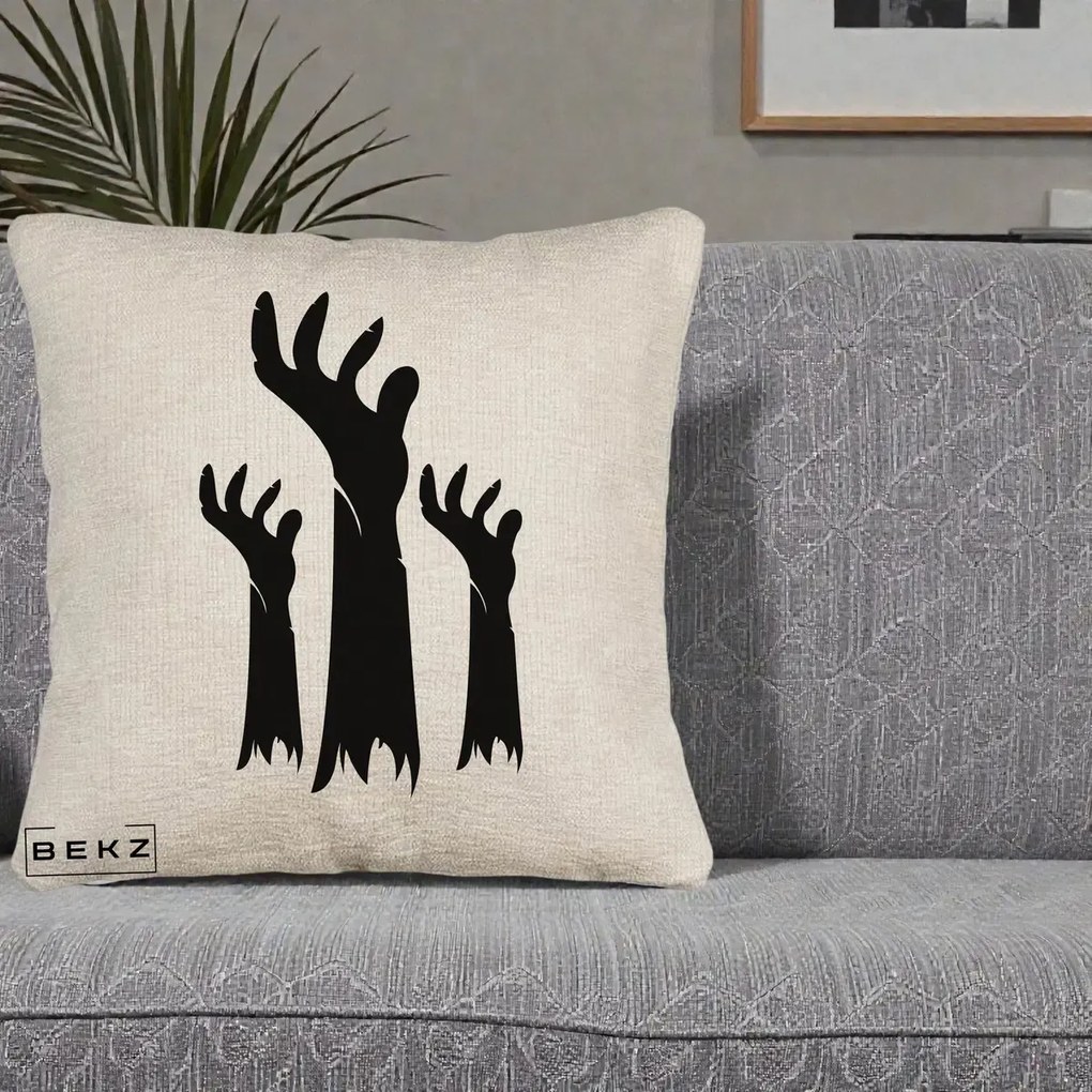 Perna Decorativa Halloween Maini Zombie Alb-Negru, 40x40 cm, Bej Canapea, Husa Detasabila, Perna Inclusa, BEKZ®