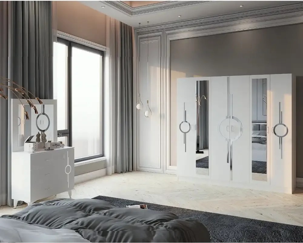 Dormitor Carol,sifonier,comoda,noptiera,pat cu lada Homs, alb, 220x210x50 cm