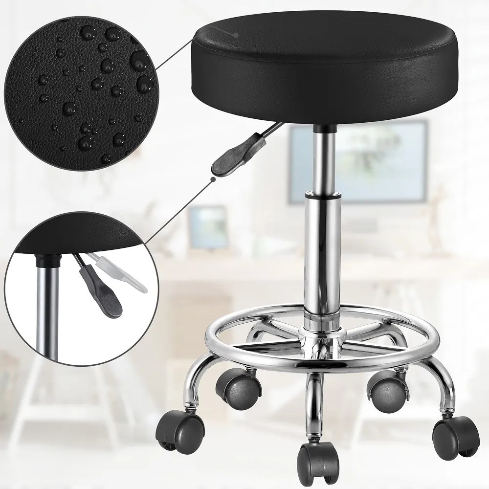 Taburet pe roți OXANA cu suport pentru picioare, Ø35cm, negru Casaria