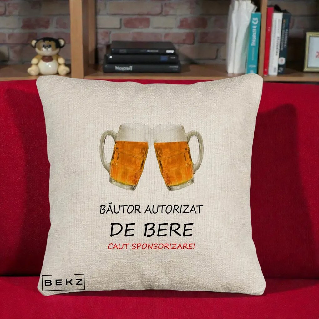 Perna Decorativa Bautor Autorizat de Bere, 40x40 cm, Bej Canapea, Husa Detasabila, Perna Inclusa, BEKZ®
