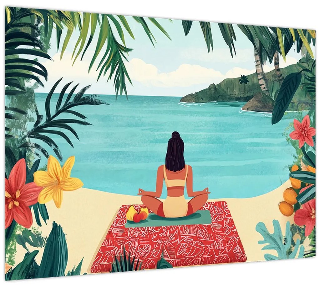 Tablou pe sticlă - Yoghiniță pe plajă (70x50 cm)