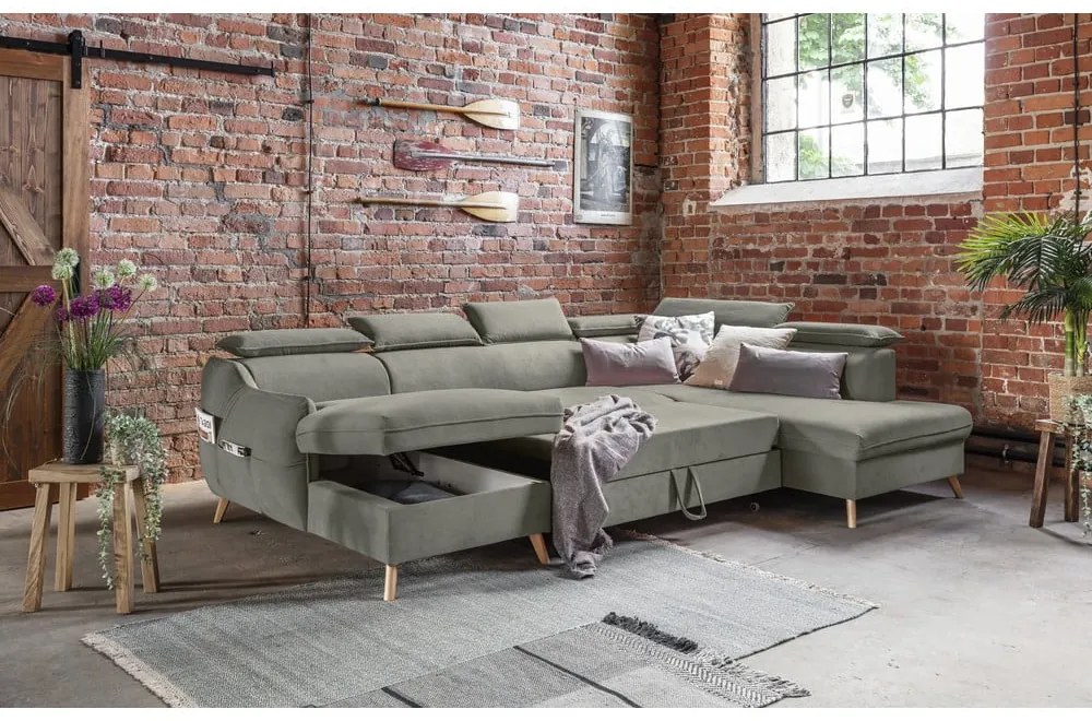 Colțar gri deschis extensibil cu tapițerie din catifea (cu colț pe partea dreaptă/în formă de "U") Sweet Harmony – Miuform