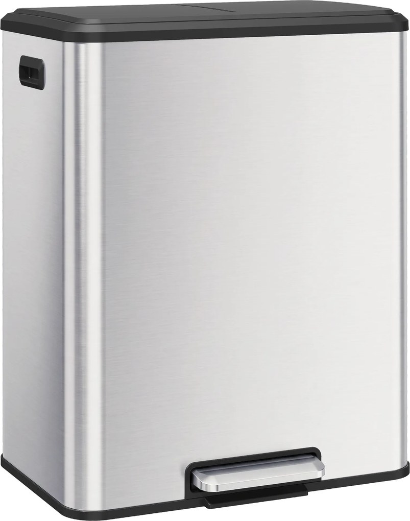 HOMCOM Coș de bucătărie 2 x 30 L, cu pedală, din oțel inoxidabil, găleți detașabile și capac soft-close, argintiu | Aosom Romania