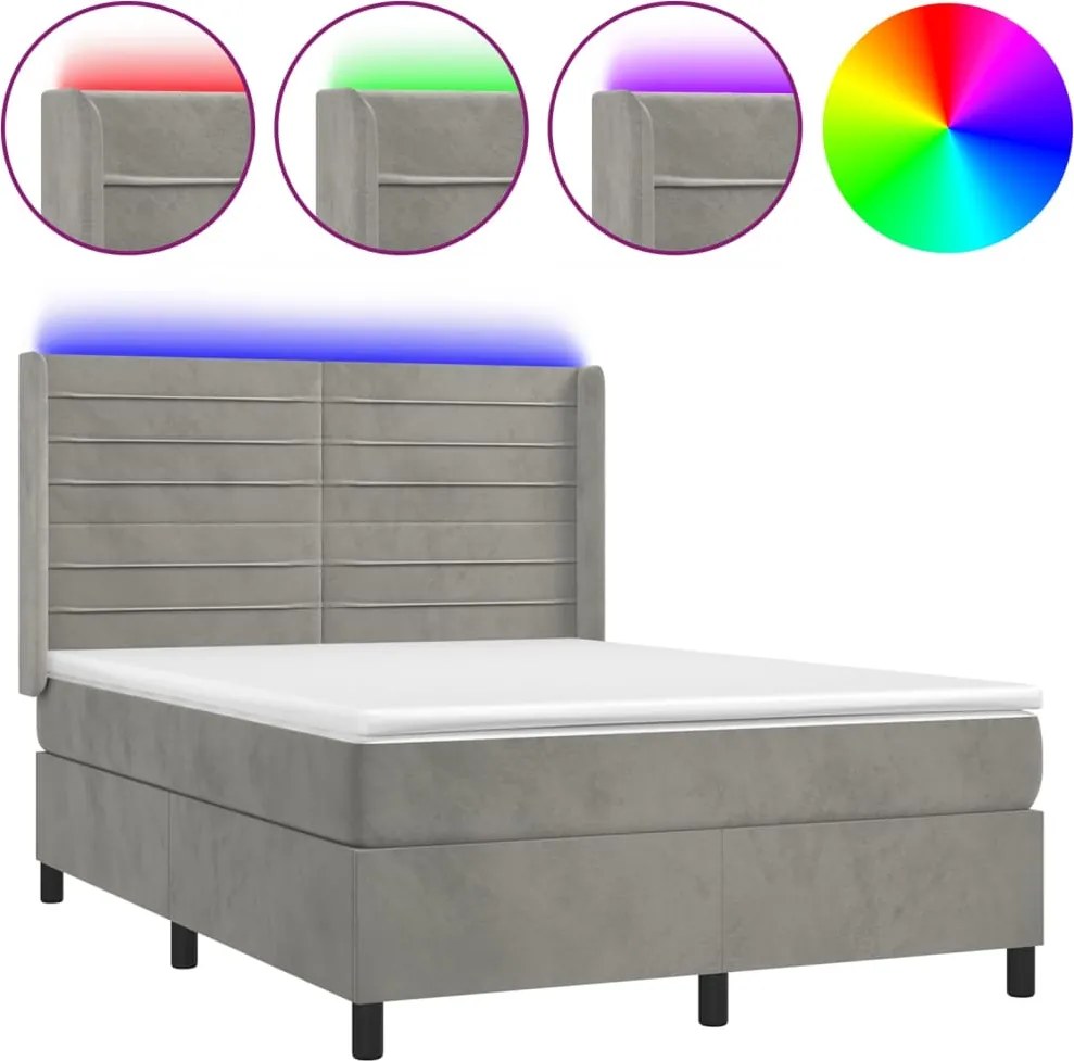 vidaXL Pat cu arcuri, saltea și LED, gri deschis, 140x200 cm, catifea