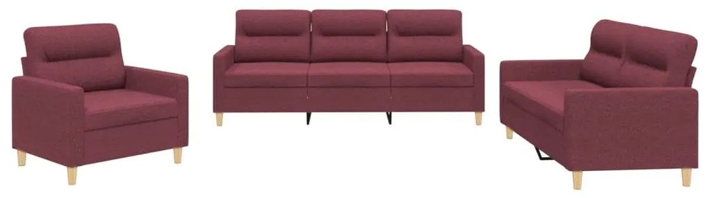 3201542 vidaXL Set canapea cu perne, 3 piese, roșu vin, material textil