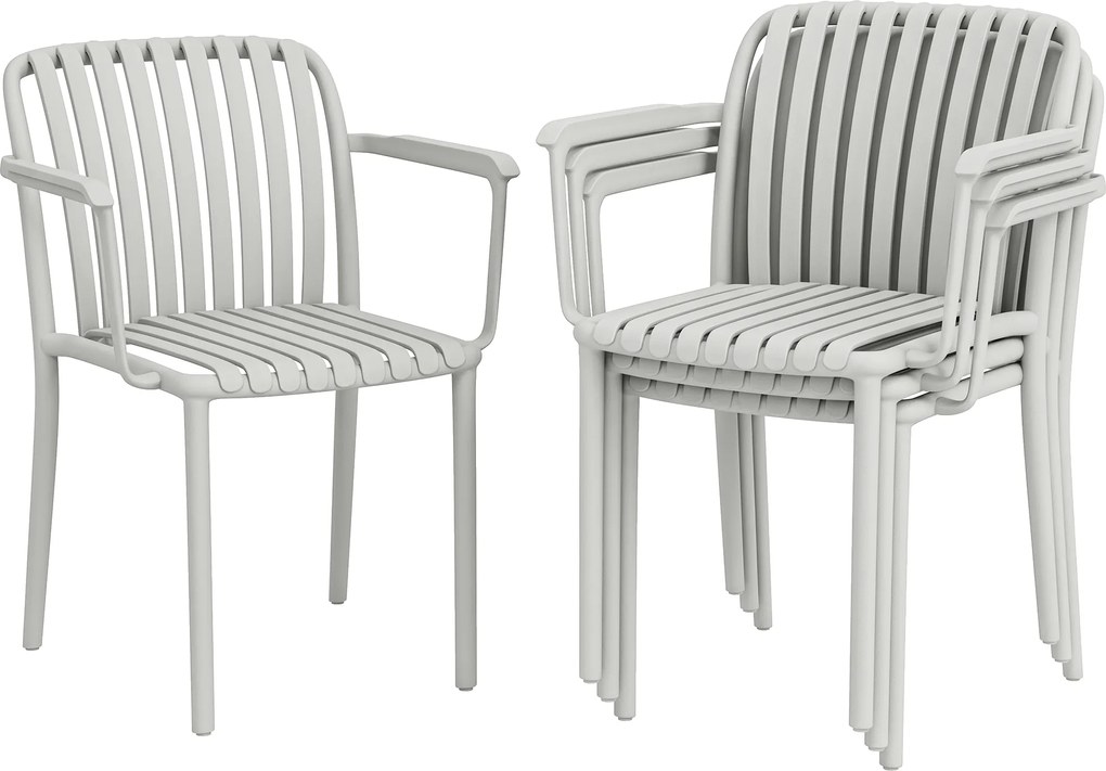 Outsunny Set 4 Scaune de Grădină Stackabile din Polipropilenă Anti-UV, Design Lamelar cu Cotiere, pentru Terasă Balcon Exterior Interior, Gri | Aosom Romania