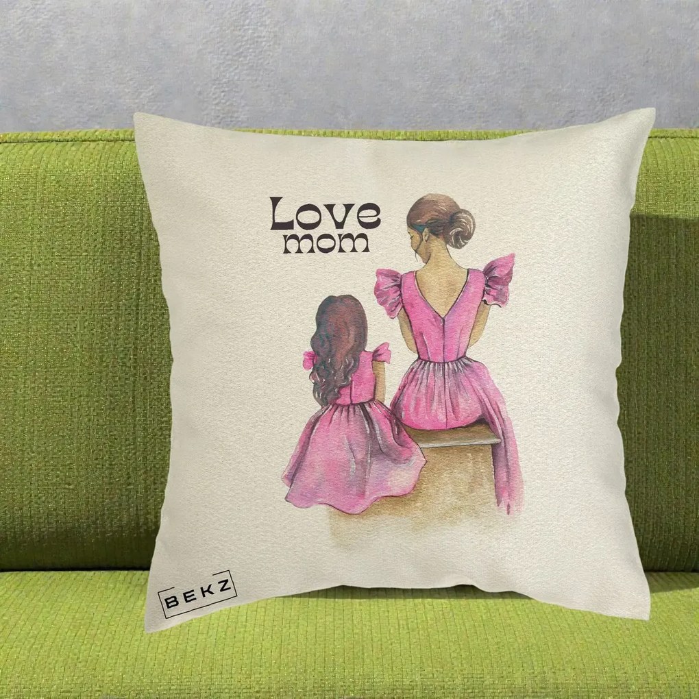 Cadou pentru Mama - Perna Personalizata Love Mom Rochii Roz, 40x40 cm, Ecru, Husa Detasabila, Perna Inclusa, BEKZ®