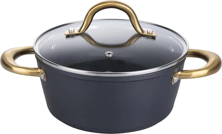 Oală Galileo Premium SChef 5916675, 20 cm, 1,8 l, Margine întărită, Acoperire antiaderentă PPG, Fără PFOA și nichel, Compatibilă cu plitele cu inducție, Negru/auriu