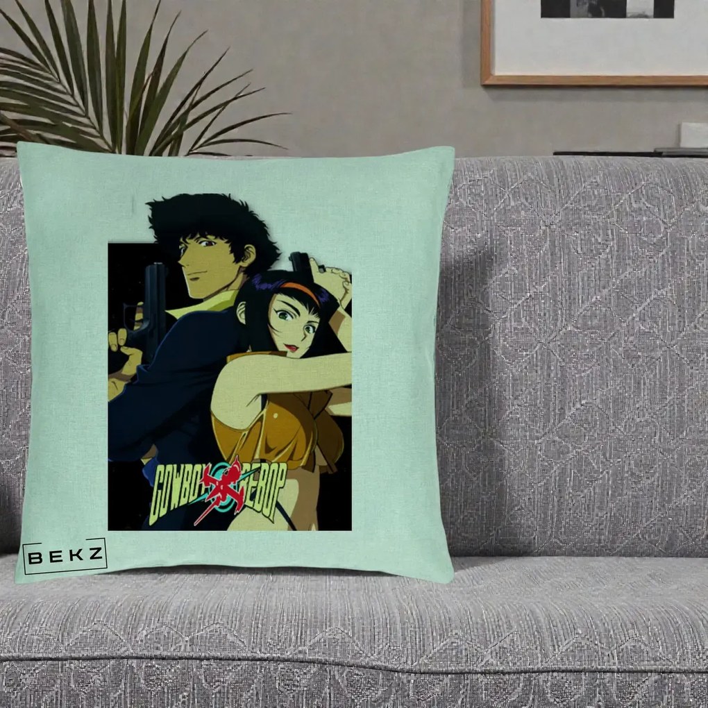 Perna Personalizata Cowboy Bebop Spike si Faye Poster, 40x40 cm, Verde Menta, Husa Detasabila, Perna Inclusa, BEKZ®