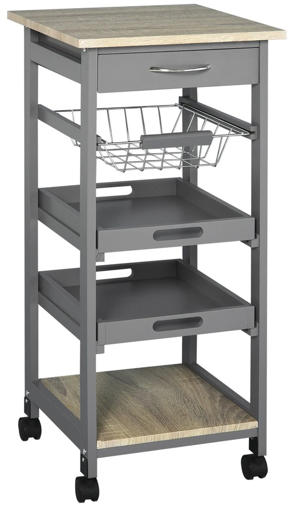 HOMCOM Servitoră de bucătărie pe roți cu panier + 2 tăvi detașabile, sertar, raft in lemn stejar deschis | Aosom Romania
