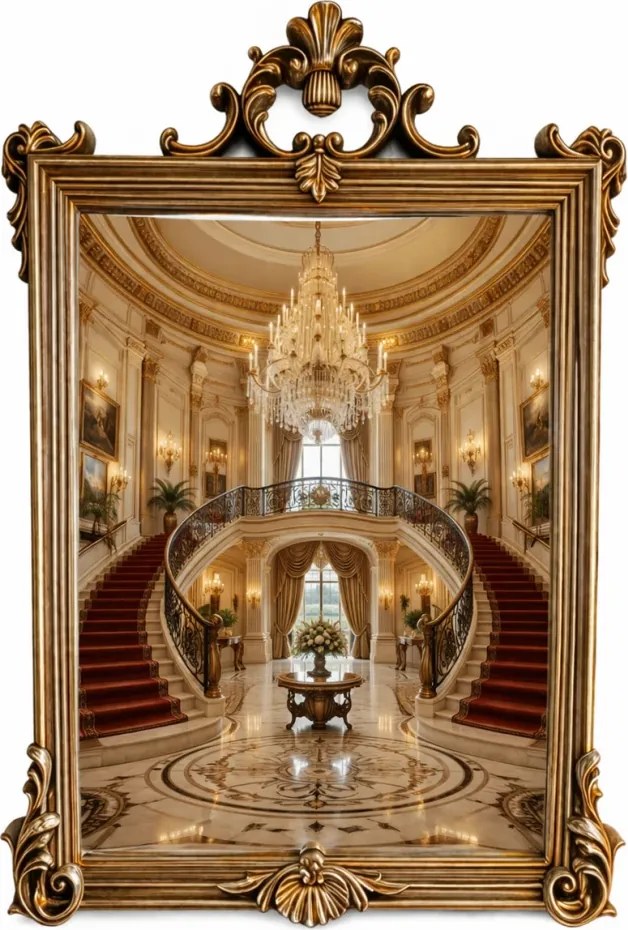 Oglindă decorativă de perete, ramă aurie antichizată, 60x90 cm