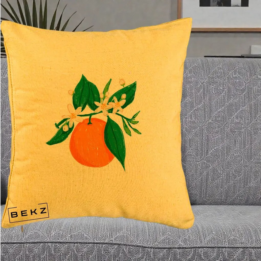 Perna Decorativa Portocala in Floare, 40x40 cm, Galben, Husa Detasabila, Perna Inclusa, BEKZ®