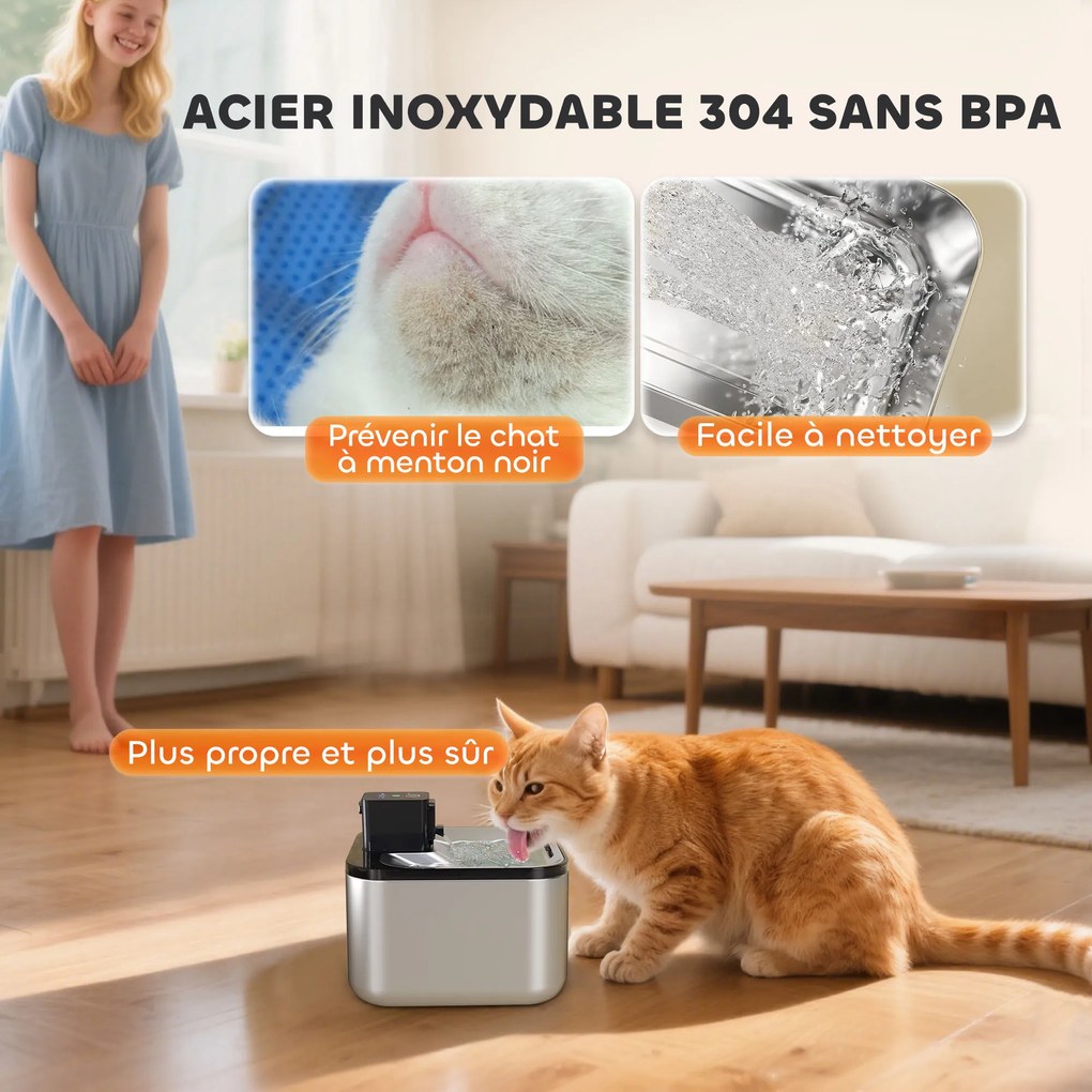 PawHut Fântână Automată pentru Pisici 4,2L din Oțel Inoxidabil, Silențioasă, Filtru 3 Etape, Încărcător USB, Argintiu | Aosom Romania