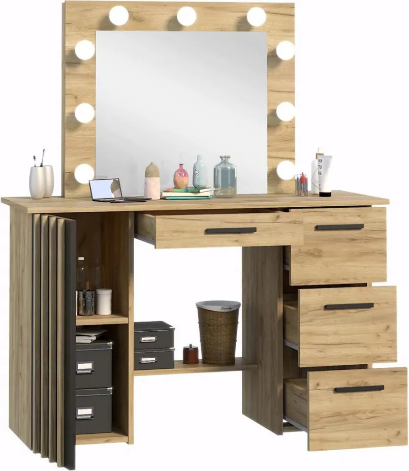Masuta machiaj culoarea Stejar, cu Oglinda LED si 4 Sertare pentru Cosmetice, Set Masa toaleta 120 cm, Stejar, masuta vanity cu Riflaj, cosmetica -