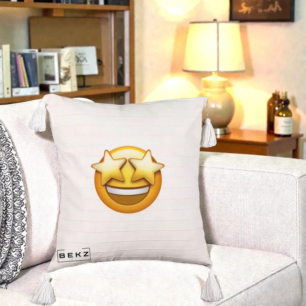 Perna Decorativa Emoji Ochi Stele, 40x40 cm, Bej cu Franjuri, Husa Detasabila, Perna Inclusa, BEKZ®