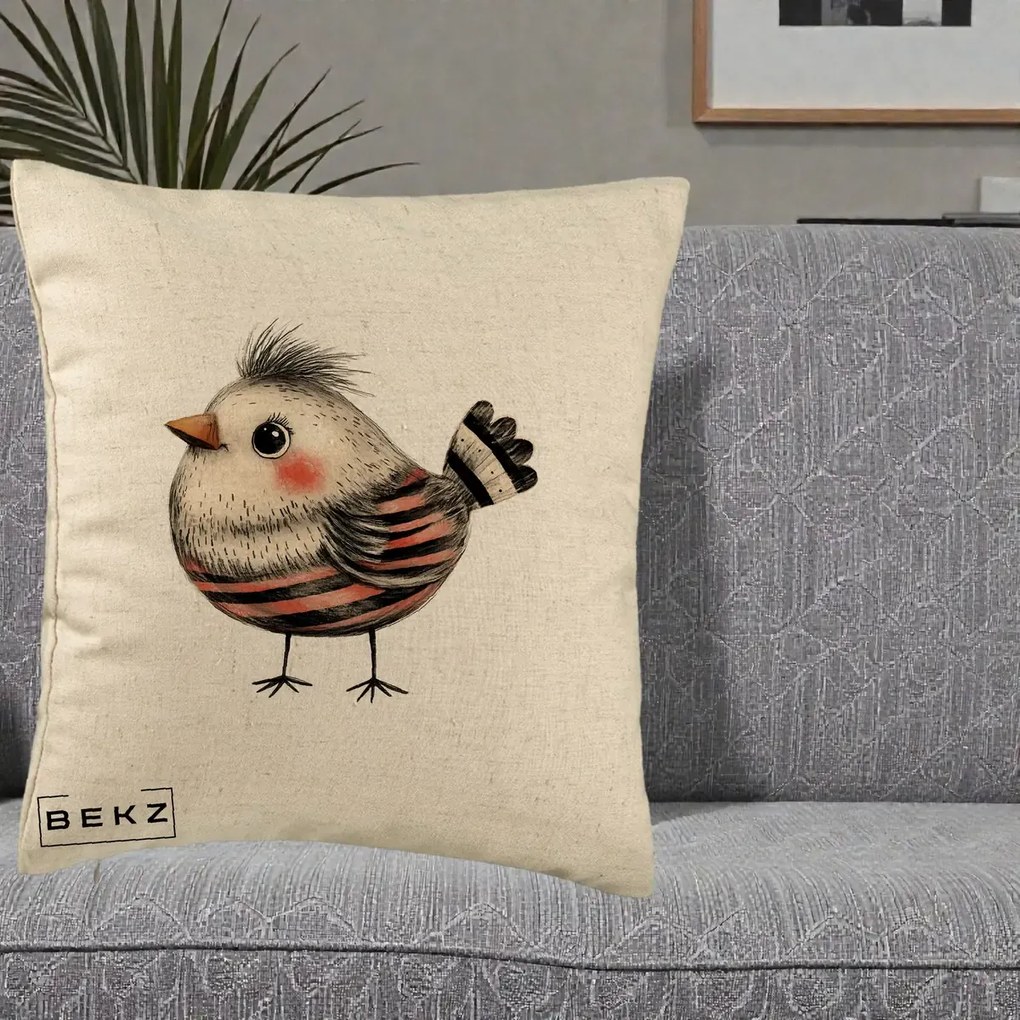 Perna Decorativa Pui Expresiv Dungi Negru-Rosu, 40x40 cm, Bej, Husa Detasabila, Perna Inclusa, BEKZ®