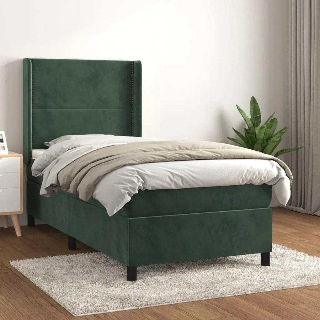 3132606 vidaXL Pat box spring cu saltea, verde închis, 100x200 cm, catifea