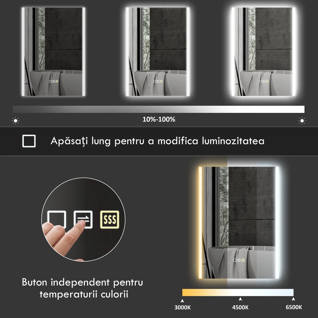 HOMCOM Oglindă LED 50x70 Antiaburire Touch IP44 | Aosom Romania