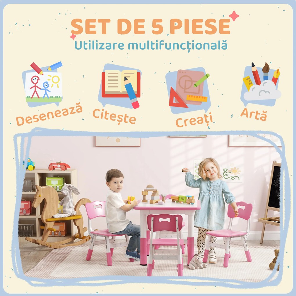 AIYAPLAY Set Masă și Scaune pentru Copii 18-60 Luni cu Înălțime Reglabilă și Tablă de Scris, 60x60x46-58 cm, Roz | Aosom Romania
