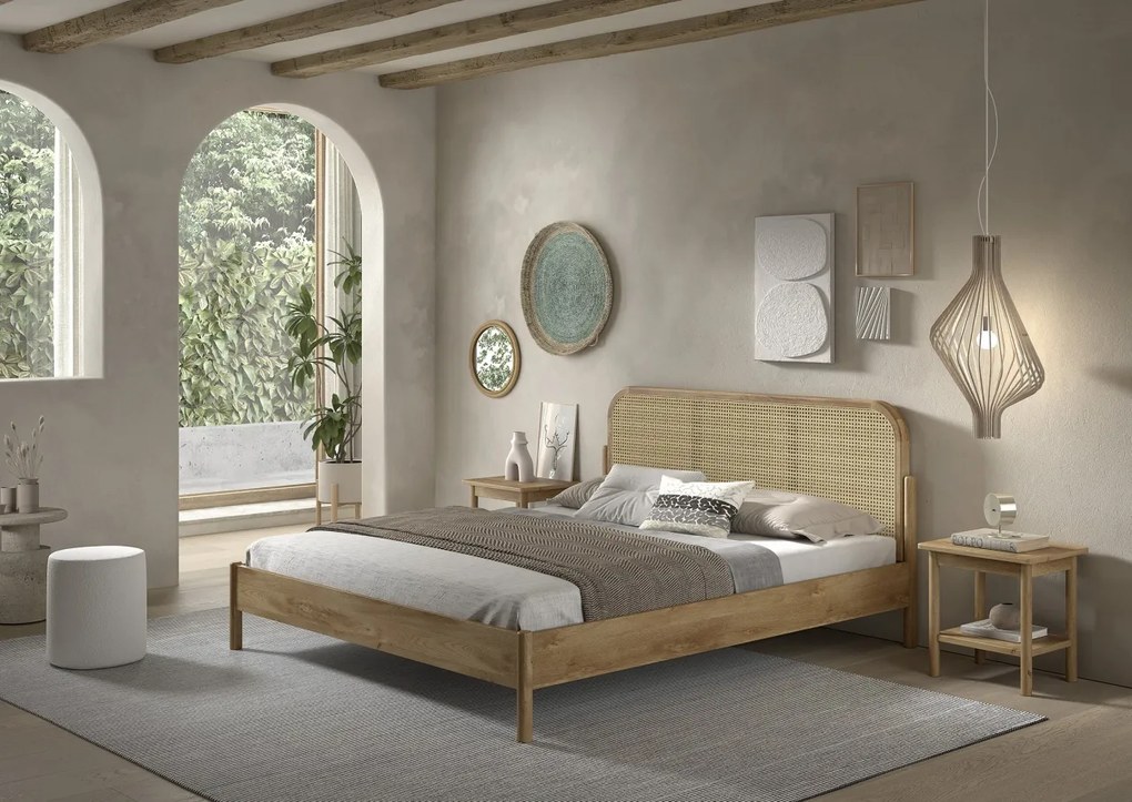 Pat dublu OLIVE, 180 x 200 cm, cu tăblie rotunjită din rattan și aspect lemn de stejar, design modern, fără somieră inclusă, cu noptieră cu două
