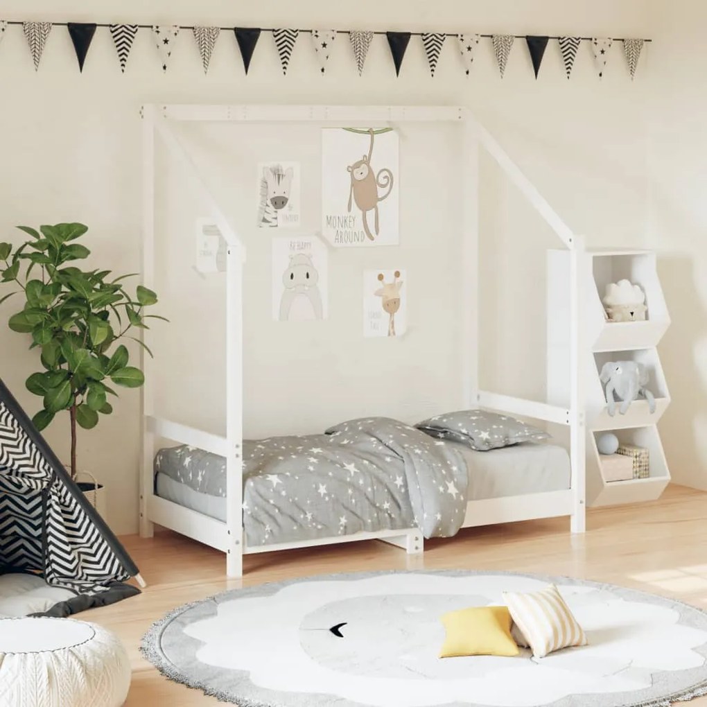 835707 vidaXL Cadru de pat pentru copii, alb, 70x140 cm, lemn masiv de pin