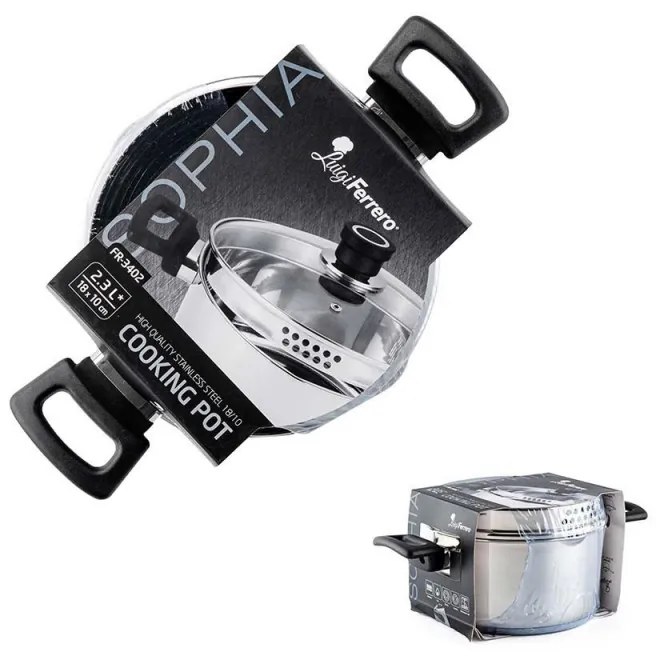 Cratiță Luigi Ferrero Sophia FR-3402, 18x10 cm, 2.3 l, Oțel 18/10, Capac din sticlă, Inducție, Inox