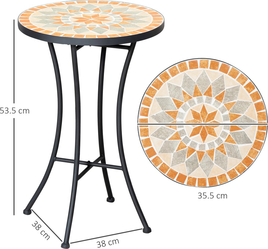 Outsunny Masă Rotundă Laterală Ø35,5cm – Masă de Patio Impermeabilă cu Design Mozaic, Măsuță din Metal pentru Living, Birou, Interior și Exterior – Galben și Gri | Aosom Romania