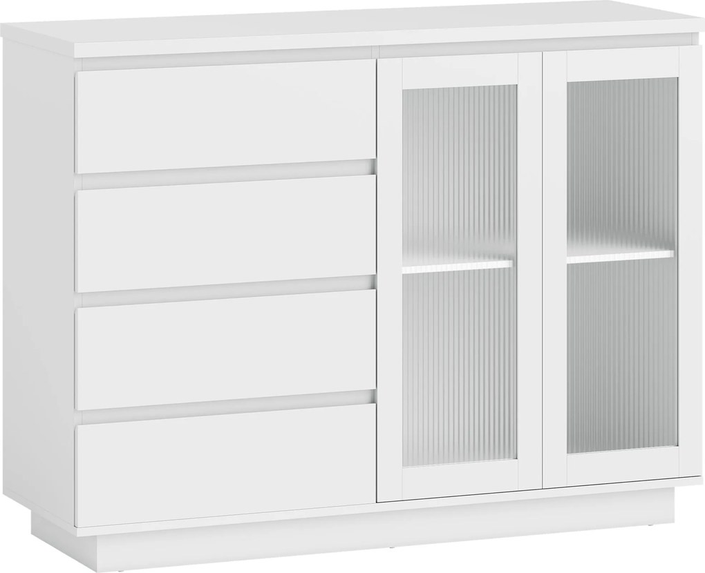 HOMCOM Bufet din Lemn cu 4 Sertare și Dulap cu Uși de Sticlă și Rafturi Reglabile, 120x40x91 cm, Alb | Aosom Romania