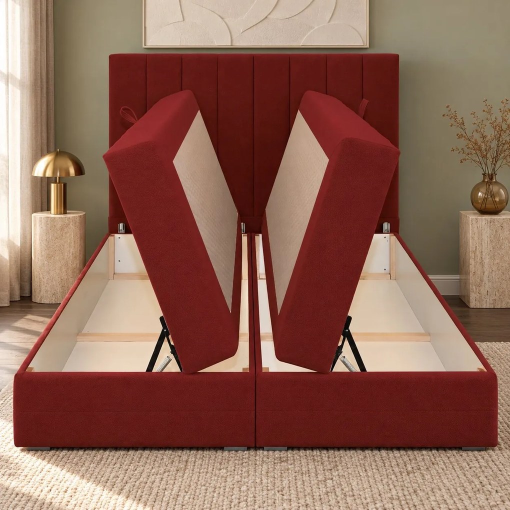 Pat boxspring din catifea Novella cu ladă 180×200 cm, roșu