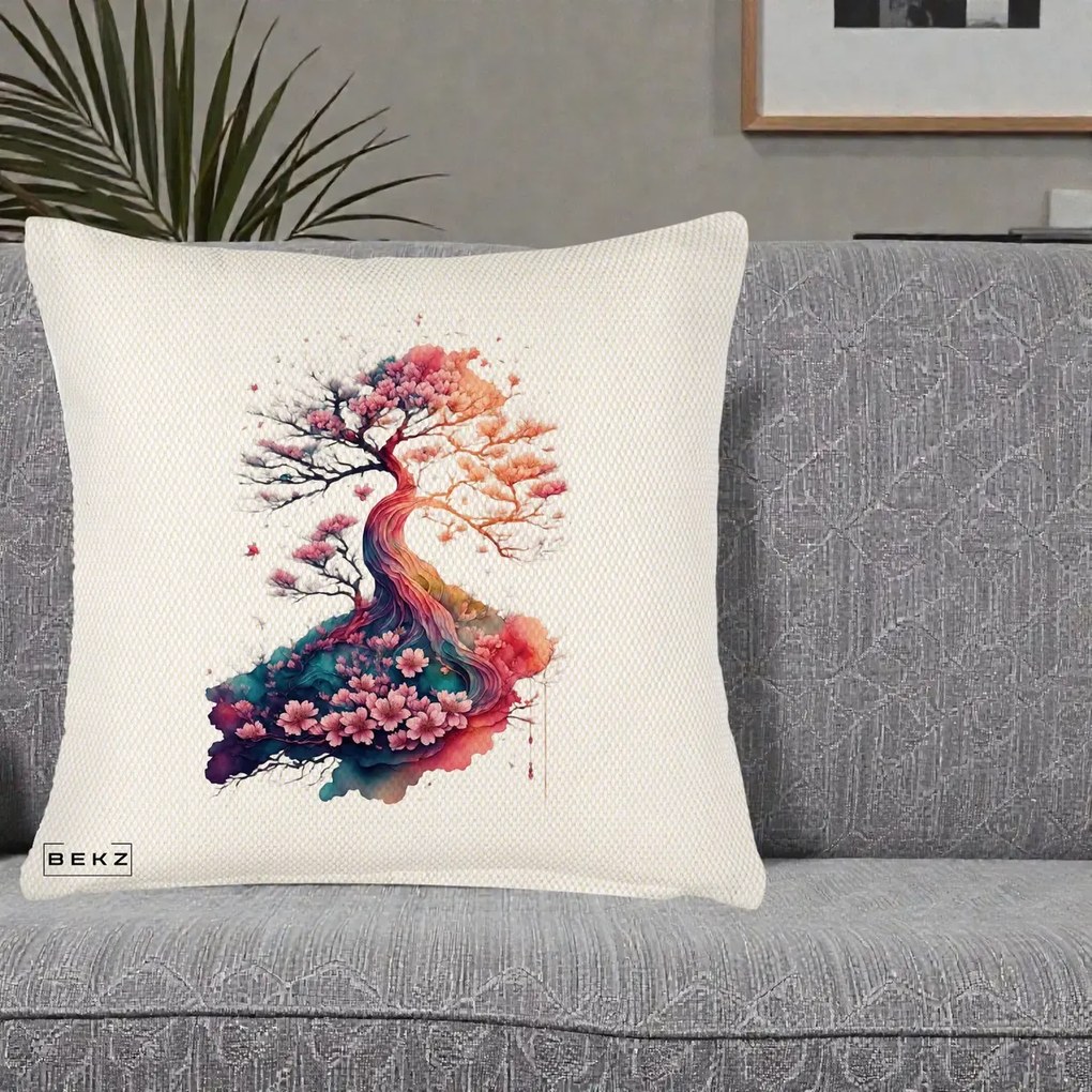 Perna Decorativa Copac Sakura Acuarela Fantasy, 40x40 cm, Crem Reliefat, Husa Detasabila, Perna Inclusa, BEKZ®
