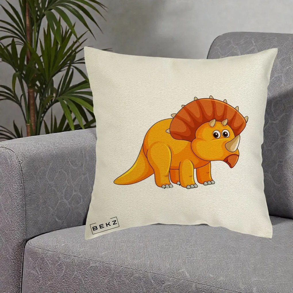 Perna Decorativa Triceratops Portocaliu, 40x40 cm, Ecru, Husa Detasabila, Perna Inclusa, BEKZ®