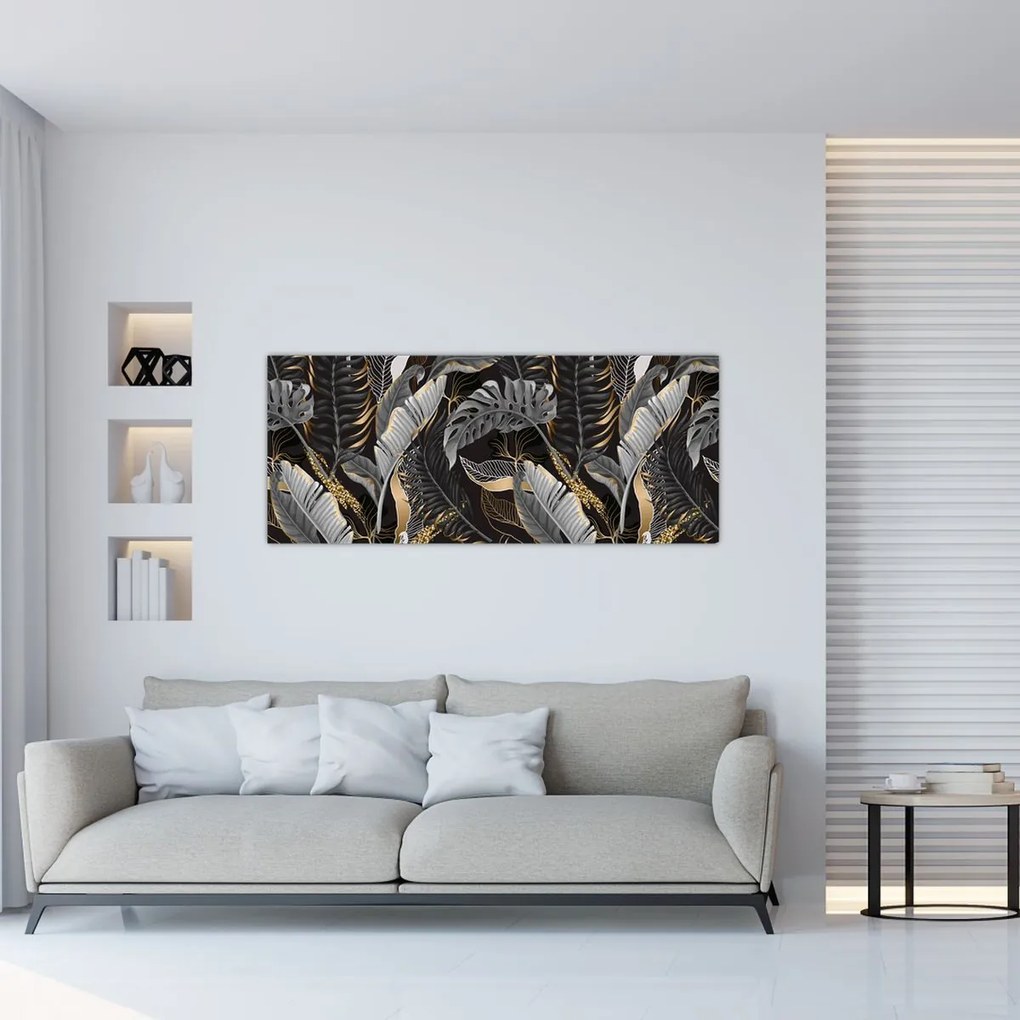 Tablou - Frunze tropicale, Galben - auriu (120x50 cm)