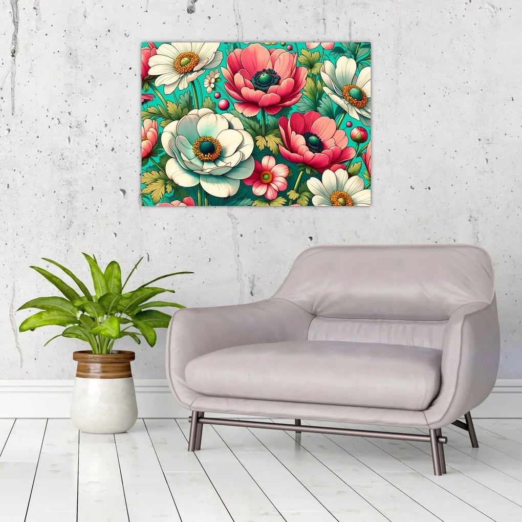 Tablou - Flori pe fundal albastru (70x50 cm)