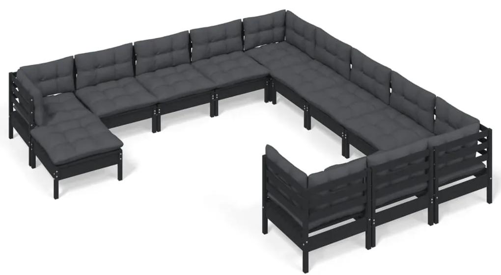 3097071 vidaXL Set mobilier grădină cu perne, 12 piese, negru, lemn de pin
