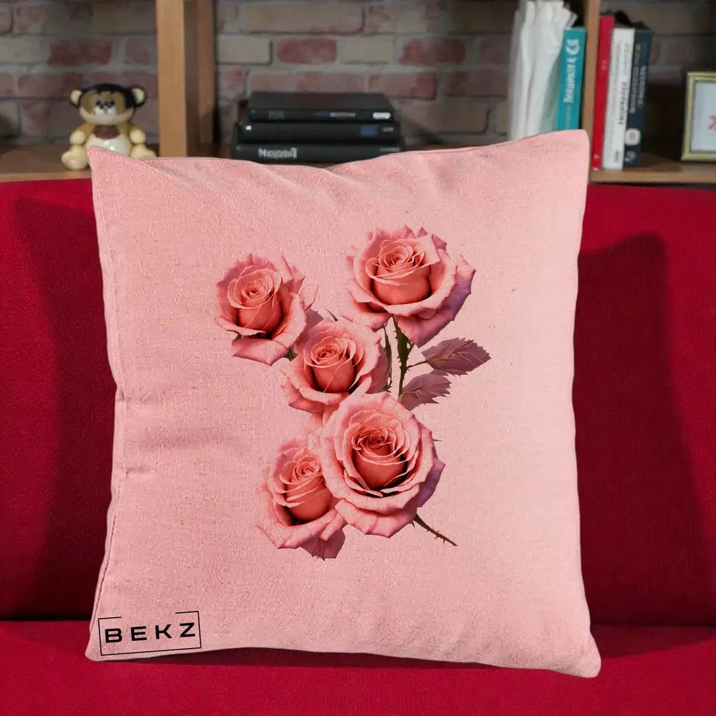 Perna Decorativa Trandafiri Roz Pastel Acuarela, 40x40 cm, Roz, Husa Detasabila, Perna Inclusa, BEKZ®