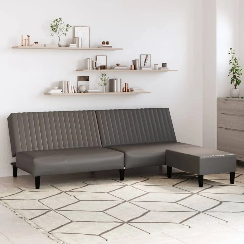 3081878 vidaXL Canapea extensibilă 2 locuri şi taburet, gri, piele ecologică