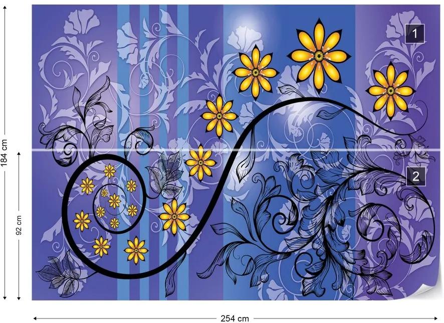 GLIX Fototapet - Modern Floral Design With Swirls Blue, Purple And Yellow Vliesová tapeta  - 254x184 cm