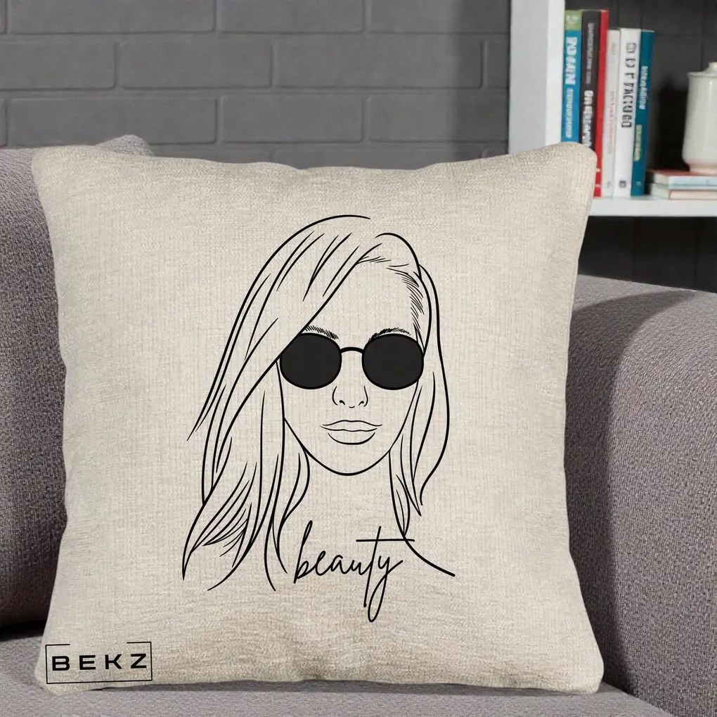 Perna Decorativa Beauty Girl Line Art, 40x40 cm, Bej Canapea, Husa Detasabila, Perna Inclusa, BEKZ®