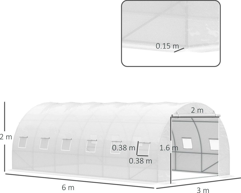 Outsunny Seră tip tunel 6x3x2 m Seră de grădină cu ușă rulabilă 12 ferestre Învelitoare PE 140 g/m² și metal galvanizat pentru culturi plante legume Alb | Aosom Romania