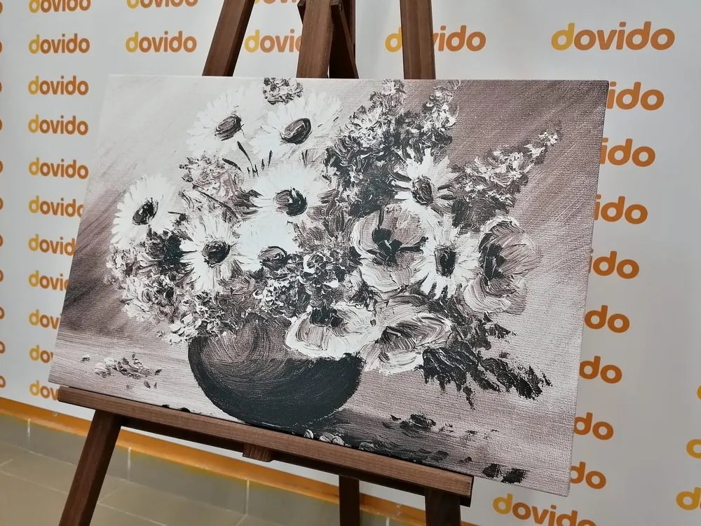 Tablou pictură în ulei florilor de vară în design alb-negru