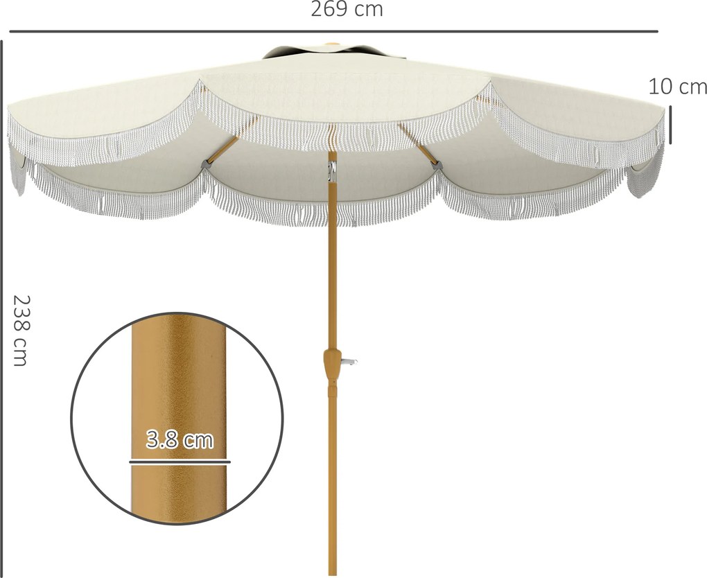 Outsunny Umbrelă Boho de Ø2.7 m pentru Exterior cu Protecție UV30+, Manivelă Manuală și Acoperiș Dublu cu Franjuri Bej | Aosom Romania