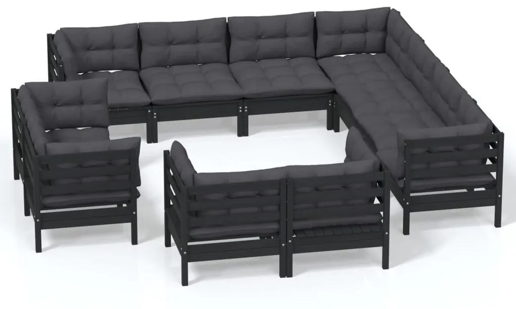 Set mobilier grădină cu perne, 11 piese, negru, lemn masiv pin