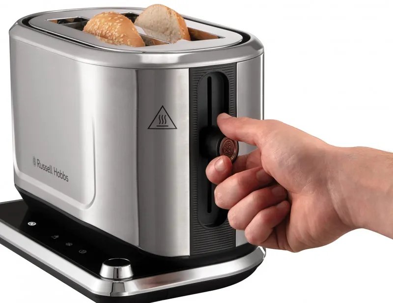 Prajitor de paine Russell Hobbs Attentiv 26210-56, 1640W, 2 felii, 6 trepte, Centrare, Control tactil, LED, Depozitare, Fara BPA si PFAS, Inox/Negru