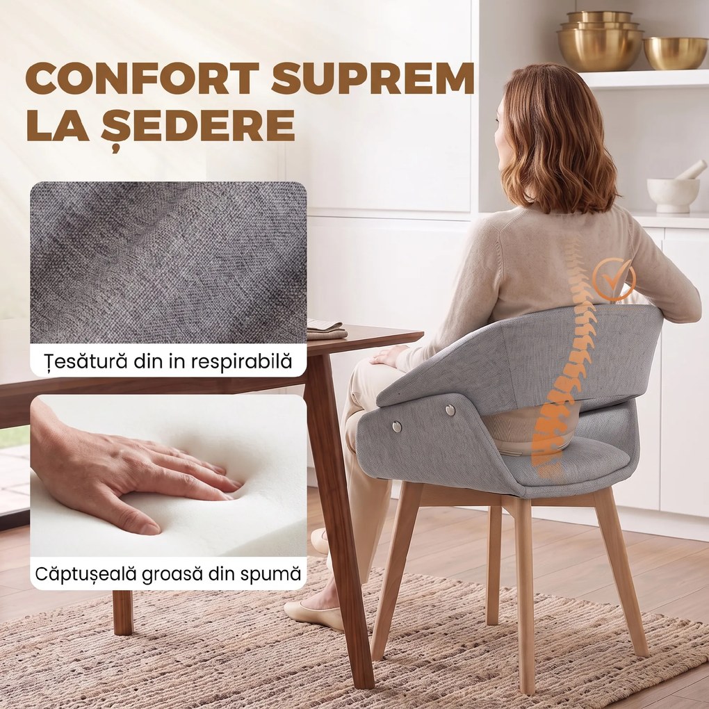 HOMCOM Set 2 Scaune Dining Ergonomice din Material Gri Deschis | Aosom Romania