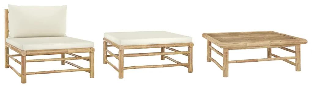 Set mobilier de gradina, cu perne alb crem, 3 piese, bambus 1, Alb, Canapea de mijloc + suport pentru picioare + masa