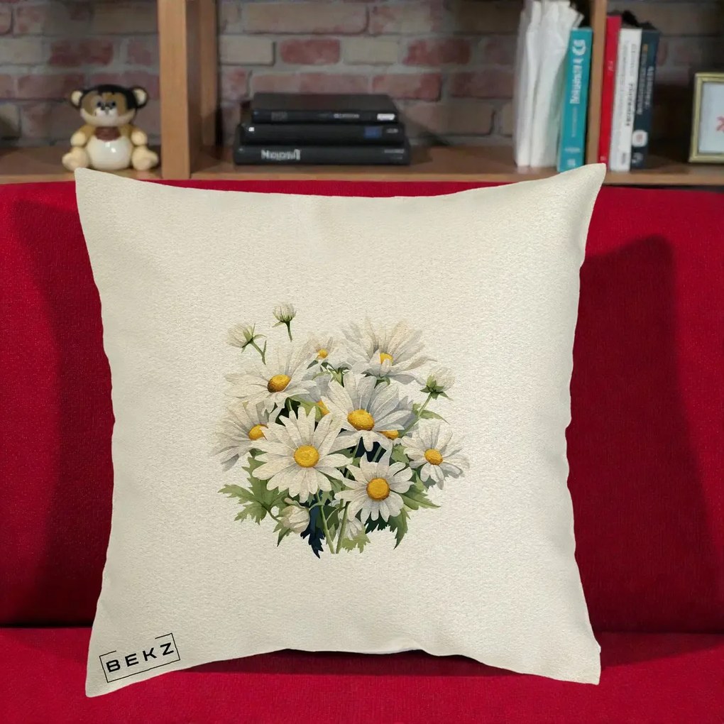 Perna Decorativa Buchet Margarete Albe Acuarela, 40x40 cm, Ecru, Husa Detasabila, Perna Inclusa, BEKZ®