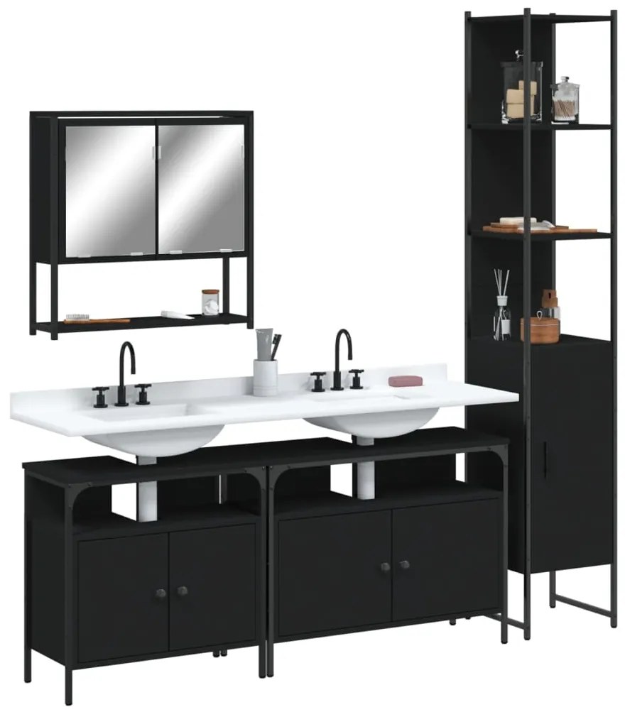 vidaXL Set mobilier de baie, 4 piese, negru, lemn prelucrat