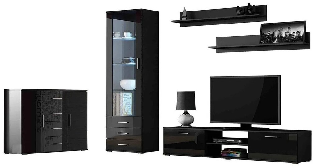 Camera de zi Charlotte E108Negru lucios, Negru, Părți separate, Cu comodă tv, Cu componente suplimentare, PAL laminat, 140 kg