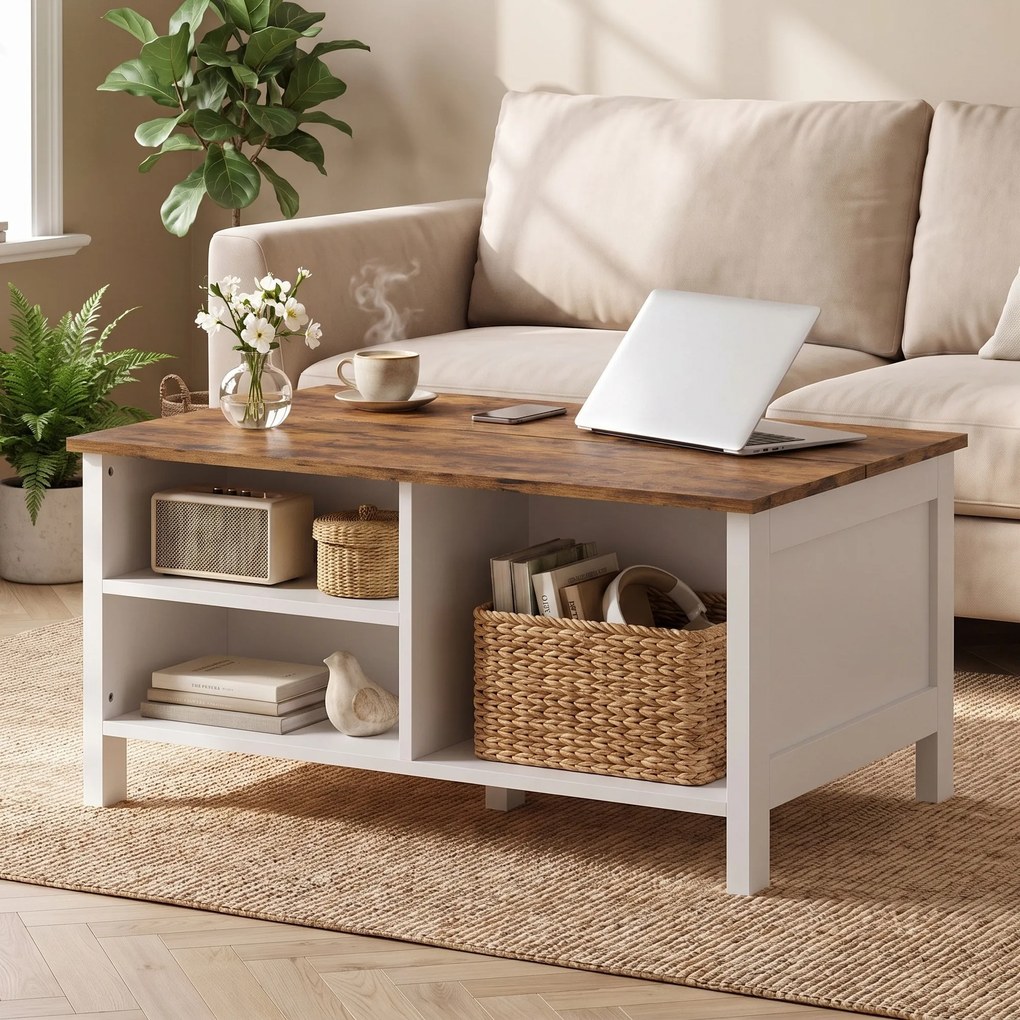 HOMCOM Cufăr de Depozitare 80x60x40 cm, cu Capac Rabatabil, Rafturi Deschise și Compartiment Ascuns, Maro Rustic | Aosom Romania