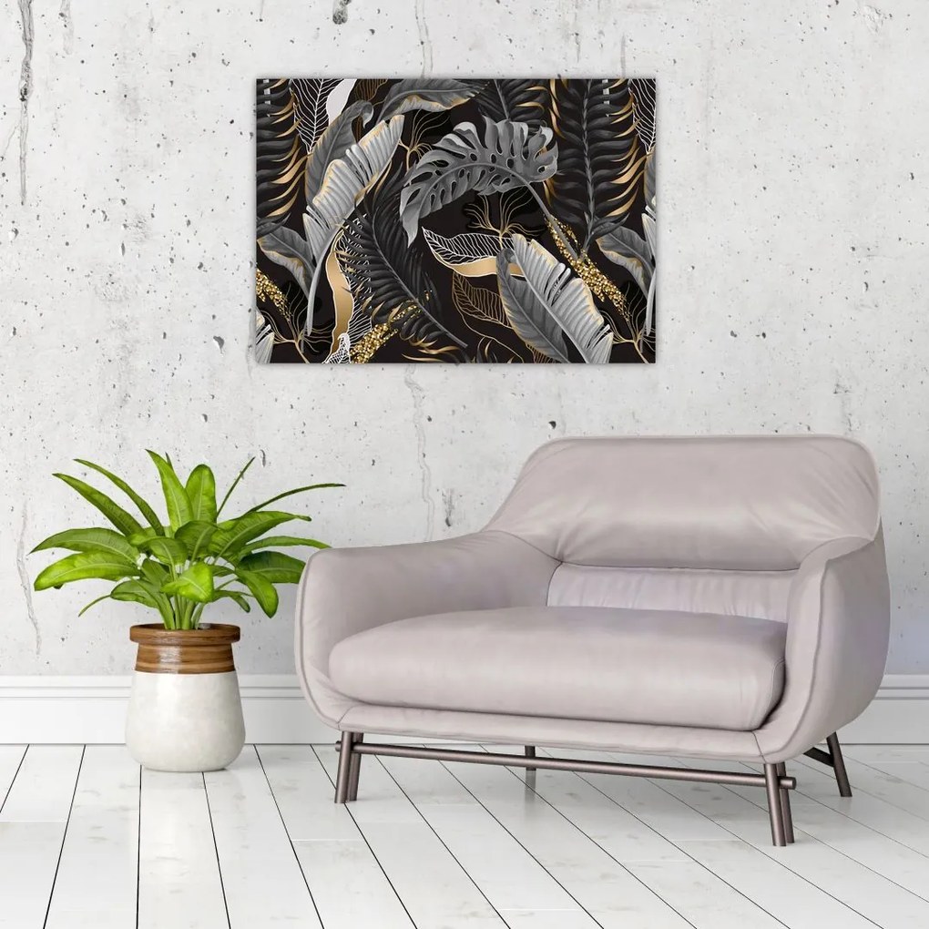 Tablou pe sticlă - Frunze tropicale, Galben - auriu (70x50 cm)